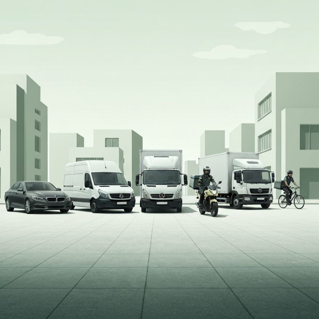 Flota de vehiculos de Karri incluyendo sedanes, furgones, camiones, motos y bicicletas